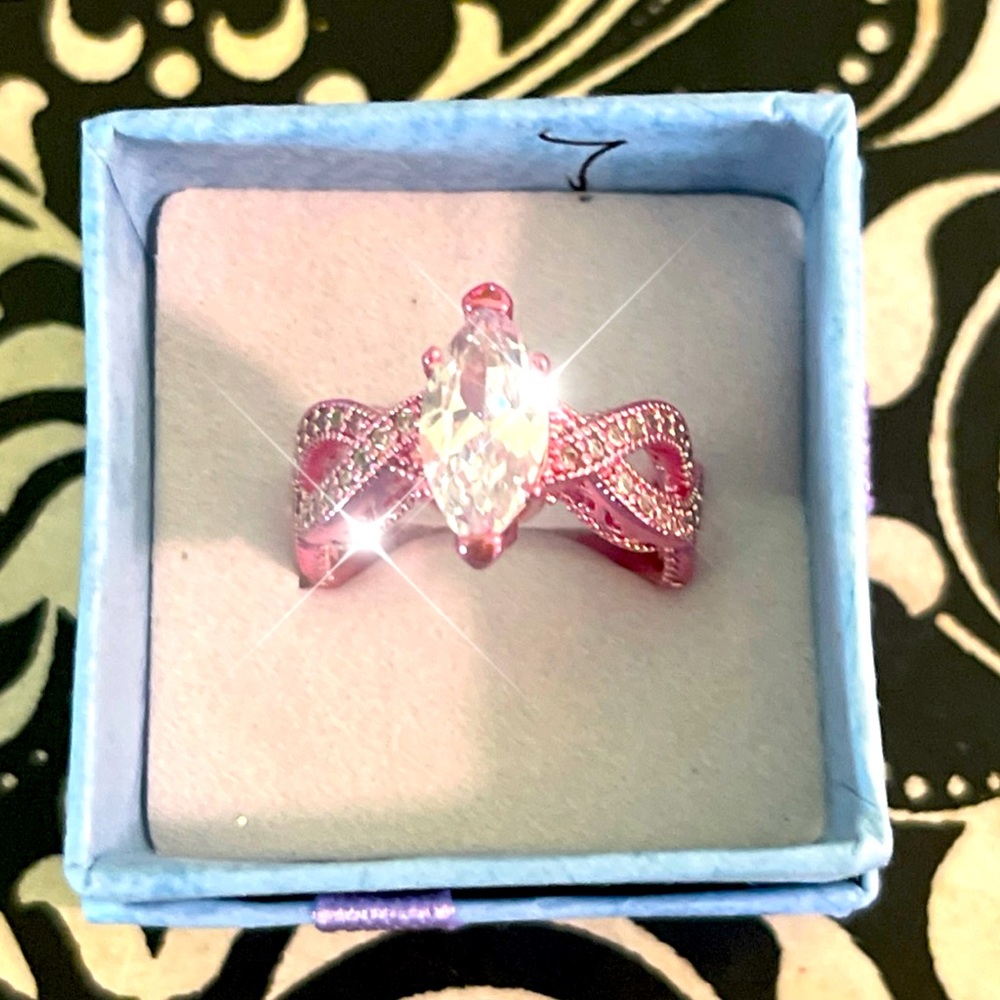 Marquis Cut CZ and Pink Platinum Plate Ring Sz 7
